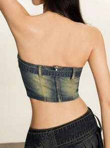 Rina Fox 女式夏季孔眼扣短款牛仔吊带背心 - 藍色 - 查看 2