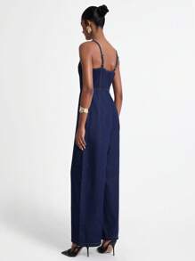 Daynim 女士时尚休闲牛仔连体裤，适合通勤 - 深色水洗藍 - 查看 3