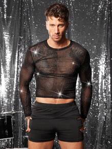 FeverCity Camiseta de manga larga con cuello redondo y detalles de diamantes de imitación en malla para hombres
