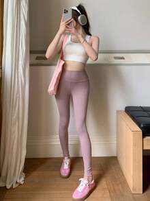 DAZY Quần legging thể thao lưng cao màu trơn thoải mái và thân thiện với da dành cho nữ mùa thu - Hồng - Xem 8