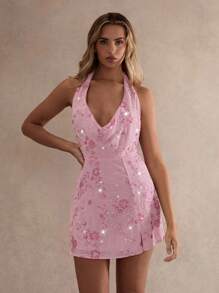 Glamine 性感亮片露背挂脖迷你连衣裙，夏秋季女装返校季