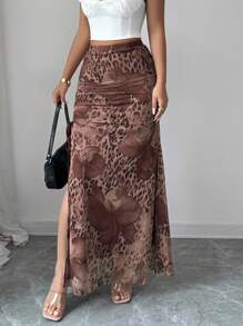 Rafferiza Falda A-line con raja alta, cintura elástica y estampado de leopardo en malla elegante para mujer - Café integral - Ver 6