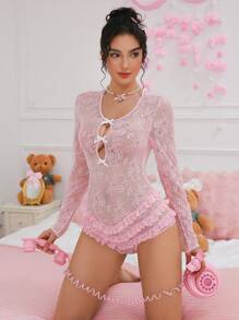 SHEIN Pink Lace Patchwork Ruffle Layered Design Butt-Lifting Sexy Cute Juicy Sweety Sheer Bodysuit For Women - Pink - View 4