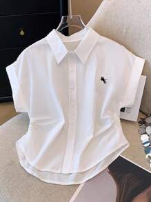 SHEIN Plus Size Women Casual Simple Button Embroidered Short Sleeve Shirt - White - View 1