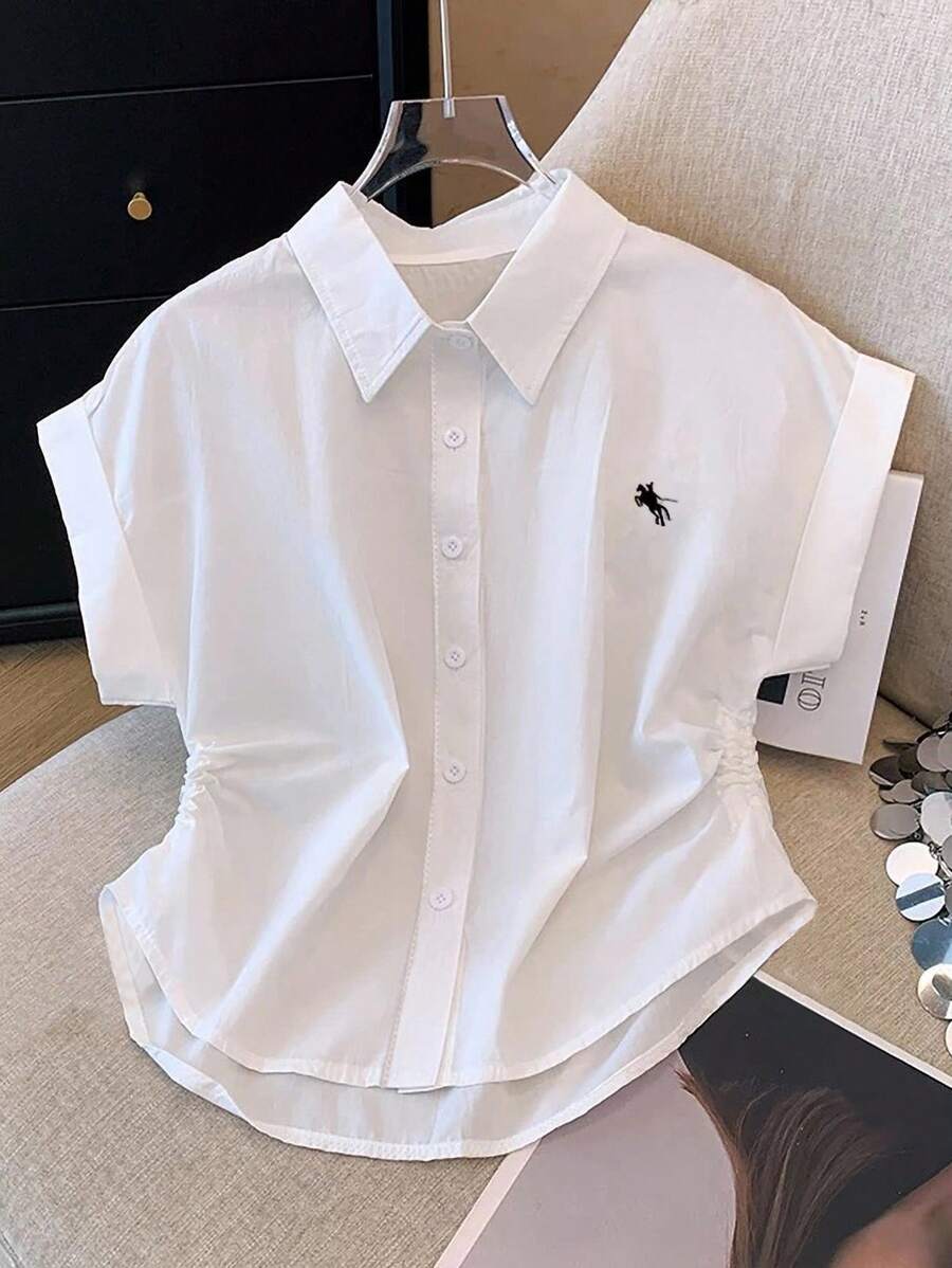 SHEIN Plus Size Women Casual Simple Button Embroidered Short Sleeve Shirt - White - View 1