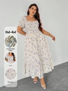 Firerie Plus Size Elegant Square Neck Puff Sleeve Mini Wrap Dress, Waist Cinched Flounced Hem Loose Ditsy Floral Maxi Dress, Suitable For Valentine's Day, Music Concert, Performance, Date, Formal Party, Wedding, Sexy, Elegant, Commute, Back To School, Vacation, Beach, Office Lady, Mermaid Style, Birthday Party/Teacher Outfits For Women/Back To School /School Clothes - Blue and White - View 4