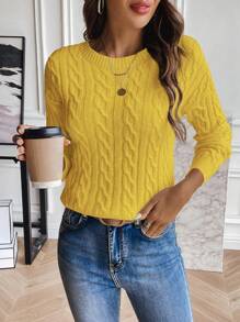 EMERY ROSE Women Drop Shoulder Round Neck Casual Cable Sweater Knit Pullover Fall Winter - Yellow - View 6