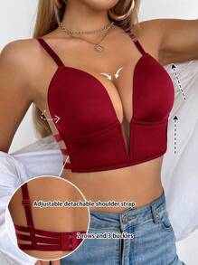 DesireSculpt 1 件女士纯色性感深 V 领露背文胸 - 酒紅色 - 查看 4
