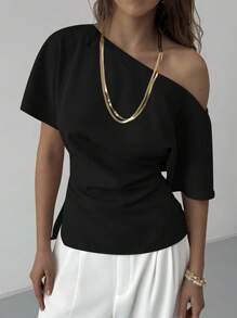 Aloruh 全新百搭简约通勤斜肩蝙蝠翼不对称褶皱收腰修身套头衫