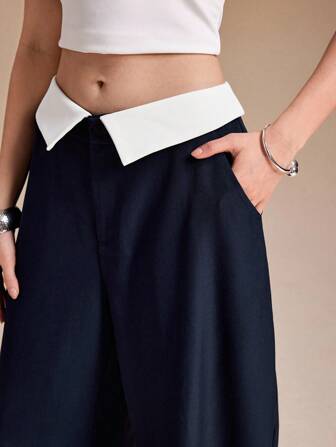 NAJILARAQUELDESIGNS Pantaloni lungi largi pentru femei, cu guler contrastant, albi, cu talie înaltă, stil casual, pantaloni largi pentru afaceri, toamnă, aeroport