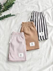 Souflis Souflis 3pcs Infant & Toddler Boys' Casual Khaki Plaid, Black & White Stripe, Solid Color Shorts, Summer Essentials For Daily Wear, Vacation & Outings