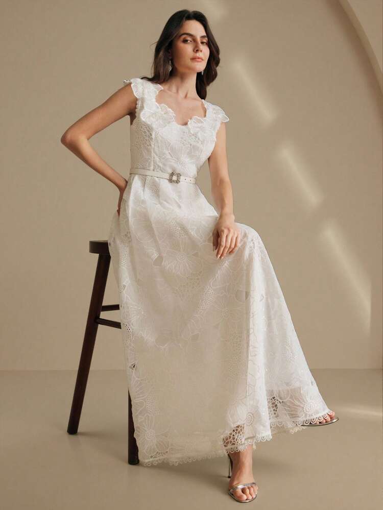 Elegant White Floral Wedding Dress For Women Sleeveless V-Neck Long Dress With 3D Floral Appliqués And Flared Hem
