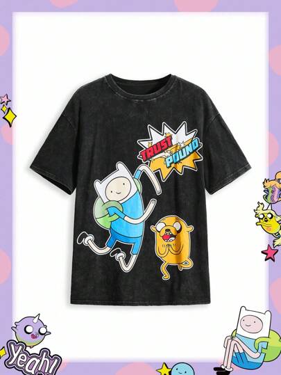 Adventure Time X ROMWE Women Oversized Distressed Cartoon Graphic Wash T-Shirt