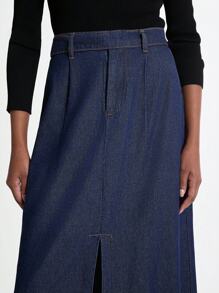 Daynim 女式休闲开衩长款牛仔裙 - 深色水洗藍 - 查看 4