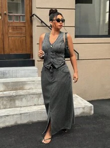 SHEIN ICON Plus Size Casual Washed Loose Long Denim A-Line Skirt - Dark Grey - View 7