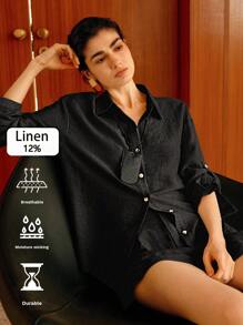 Uhlyne Uhlyne Áo sơ mi nữ màu đen tay dài, kiểu dáng thường ngày, chất liệu vải lanh, thích hợp cho mùa xuân và hè, đi làm, công sở, giáo viên. - màu đen - Xem 9