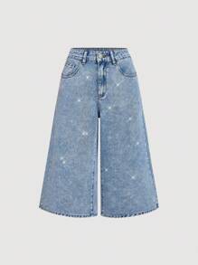 SHEIN MOD Women Casual Washed Rhinestone Wide-Leg Capri Jeans,Shiny Hot Diamond Loose Denim Capri Denim Shorts,Baggy Jeans,Y2k,School,Country Concert,Streetwear Jeans - Medium Wash - View 1