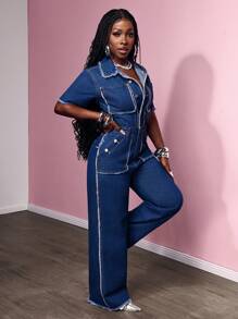 Slaydiva Mono informal de mezclilla desgastada con mangas cortas