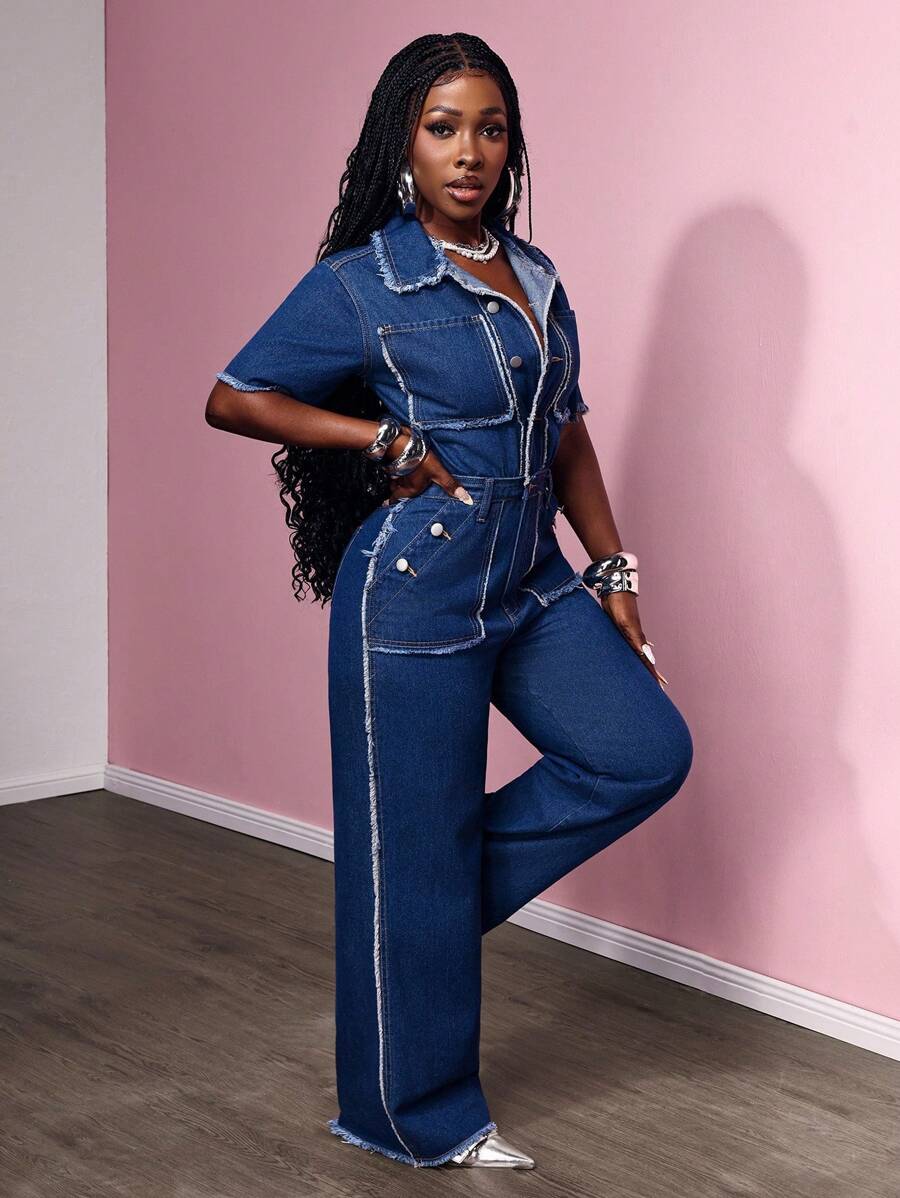 Slaydiva Mono informal de mezclilla desgastada con mangas cortas