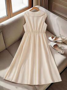 SHEIN Clasi Vestido midi de mujer de talla grande, de unicolor, diseño con botones en el cuello, sin mangas, de cintura alta y estilo vintage