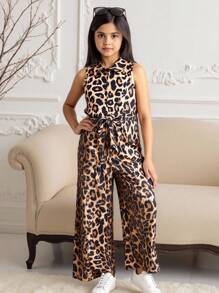 SHEIN Dziewczęcy kombinezon z nadrukiem w panterkę, skręconą talią i stójką, swobodny styl - Morela - Zobacz 4
