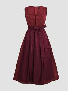 Fairmaia 女士纯色简约无袖方领连衣裙，配有可拆卸围裙，Dirndl 连衣裙，适合啤酒节传统方领 Dirndl 连衣裙和围裙，适合十月、万圣节 - 酒紅色 - 查看 1