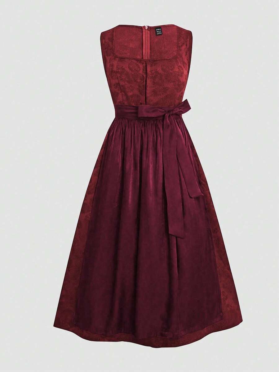 Fairmaia 女士纯色简约无袖方领连衣裙，配有可拆卸围裙，Dirndl 连衣裙，适合啤酒节传统方领 Dirndl 连衣裙和围裙，适合十月、万圣节 - 酒紅色 - 查看 1