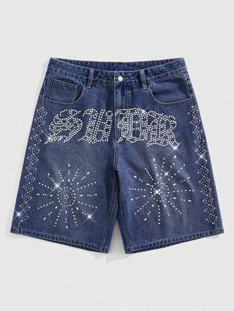 Street Life Men's Summer Casual Rhinestone Letter & Sun Graphic Wash Slant Pocket Denim Shorts