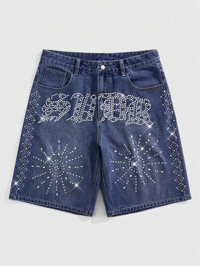 Street Life Men's Summer Casual Rhinestone Letter & Sun Graphic Wash Slant Pocket Denim Shorts