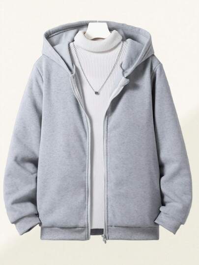 SHEIN Teen Boy All-Match Solid Color Versatile Hooded Zip-Up Sweatshirt
