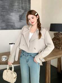 SHEIN Teen Girl Lapel Double Breasted Long Sleeve Short Trench Coat, For Daily Casual,Autumn/Winter,Back To School Cropped Korean Fashion Double Breasted Jacket Cute Fashion Elegant Fall Trench Coat - Khaki - View 6