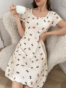 Lace Patchwork Square Collar, 2 Button, Bear & Bow Print Ribbed Short Sleeve Nightgown Babydoll Bowknot