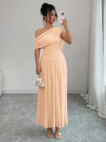 Elenzga 女士纯色优雅法式连衣裙，针织扭肩褶皱收腰修身长礼服，奢华晚礼服 - 粉色 - 查看 1