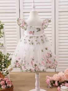 女婴梭织刺绣网眼方领盖袖连衣裙 - 彩色 - 查看 2