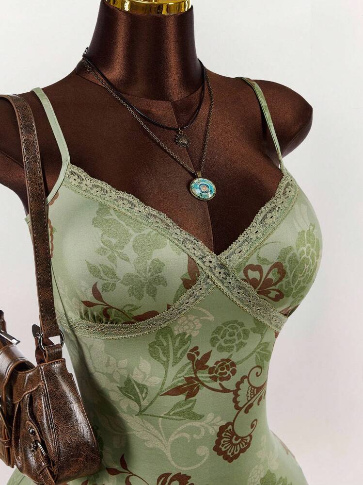 Amplova Đầm ôm sát cơ thể lưới in họa tiết hoa cổ điển chắp vá ren - màu xanh lá - Xem 2