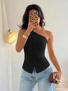 Glamine Áo khoác vest nữ không tay màu mơ thời trang, thường ngày đa năng, áo một vai màu đen mùa hè, áo đen nữ, áo bất đối xứng, áo nịt ngực màu đen cho nữ, áo nịt ngực một vai cho nữ, áo nịt ngực màu đen cho nữ - màu đen - Xem 4