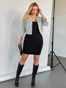 Auralis Plus Size Women's Spring And Autumn Fashion Elegant Comfortable Simple Daily Versatile White Plaid Short Jacket,Office Wear Women,Business Casual Woman Curve,Fall Outfits,Work Tops,Teacher Clothes,Simple Style