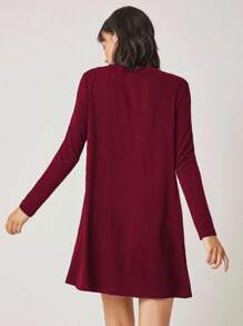 EURMUSE Women Solid Color Round Neck Long Sleeve Casual Loose Short Dress - Burgundy - View 2