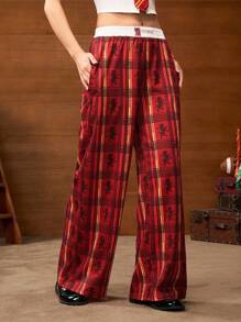 HARRY POTTER X SHEIN Quần nỉ ống rộng họa tiết kẻ caro và sư tử cạp chun màu trơn đơn giản cho nữ, phù hợp cho mùa xuân và mùa thu - Màu Đỏ Sâu - Xem 4