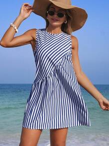 Swim Lushoire Women's Summer Beach Sleeveless Striped Print Asymmetrical Splice Vacation Dress - Blue - View 5