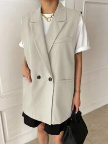 DAZY Áo vest không tay mùa hè cho nữ, áo khoác blazer công sở rộng rãi - Màu be - Xem 3