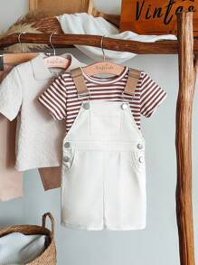 SHEIN Vintaside Kids Baby Boy Summer Round-Neck Short-Sleeved T-Shirt & Overalls - Multicolor - View 8