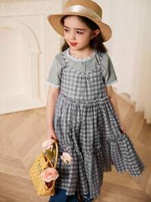 Dazy Kids 女孩（年轻）格子荷叶边细肩带中长连衣裙，夏季分层装，韩版风格 - 淺灰色 - 查看 2