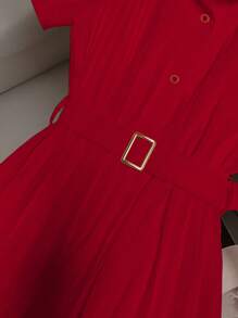 SHEIN Clasi 时尚新款优雅法式简约POLO领白色雪纺百褶夏季短袖红色连衣裙 - 紅色 - 查看 3