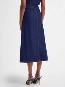 Women Casual Single Button Pocket Slit Denim Mini Skirt - Dark Wash - View 2