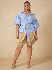 Vixey 条纹泡泡袖褶皱后背纽扣式办公室衬衫，配有系带腰带