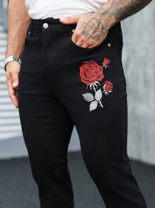 Manfinity LEGND Men's Floral Embroidery Pocket Skinny Casual Versatile Jeans