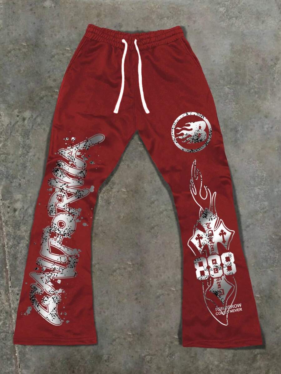 Manfinity Roghcode 男士 Y2k 哥特式抽绳腰印花运动裤,长款休闲宽松运动裤,适合送给老公、男朋友的礼物 - 紅色 - 查看 1