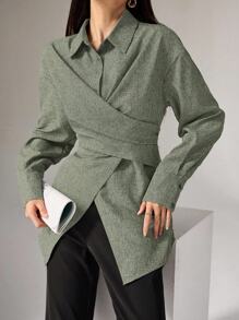 Heiryn Women's Casual/Office Solid Color Cross-Wrap Blouse