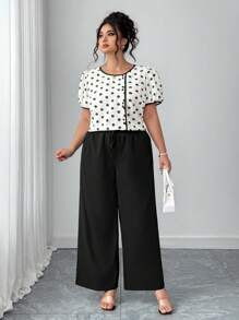 Elenzga Plus Size Women Contrast Color Ditsy Floral Short Sleeve Slimming Casual Elegant Top & Wide Leg Pant 2 Pieces Set